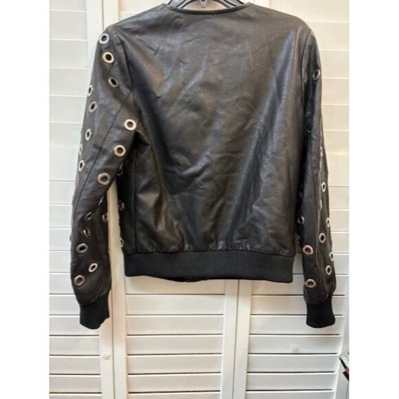 Black Faux Leather Jacket With Grommet Detailing & Snap Closure - Picture 2 of 4